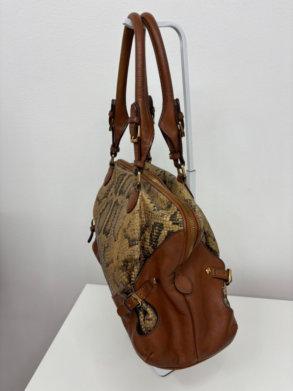 MCM Brown Python Snakeskin Leather Top Handle Satchel Shoulder Bag - Picture 5 of 8
